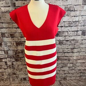 entro Red V-Neck Midi Dress with White Stripes